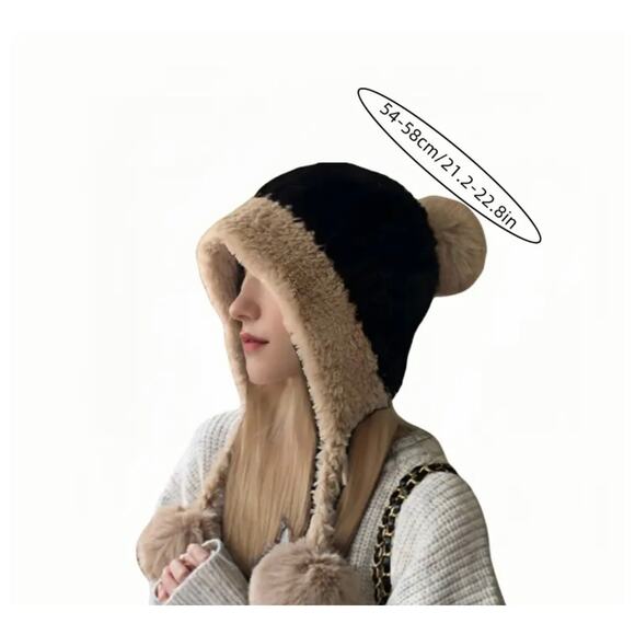 Cozy Colorblock Plush Knit Beanie Hat with Ear Flaps Tassel Brown/Beige - Picture 3 of 4
